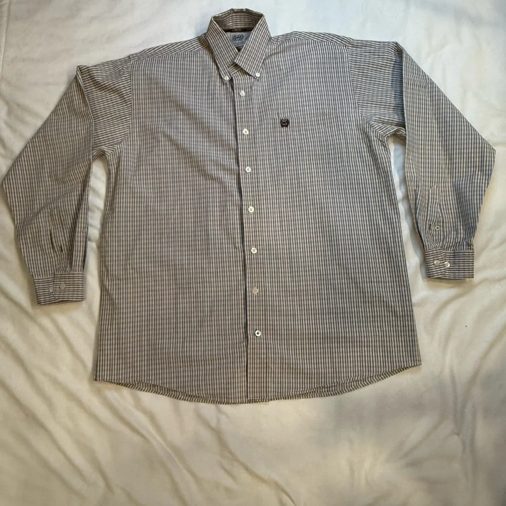 Cinch Men's Tan and Blue Striped Button Down Shirt - Picture 2 of 5